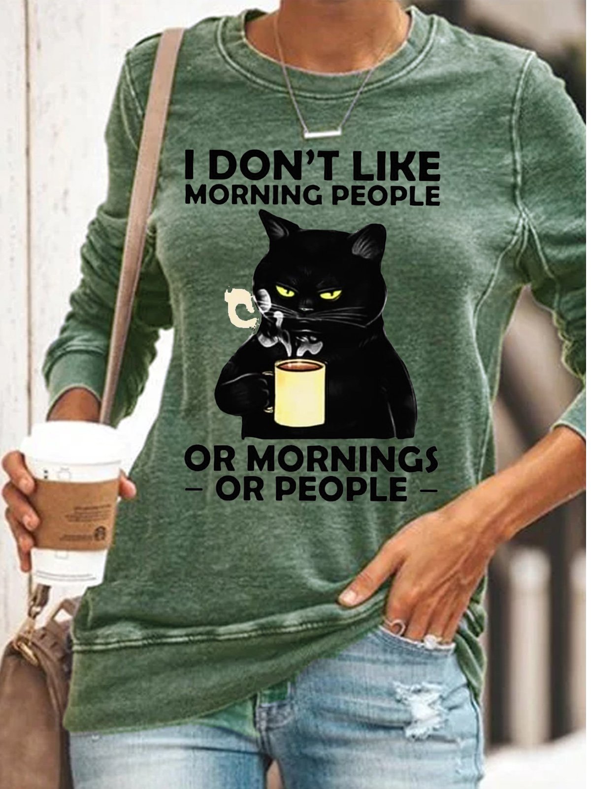 Womens Funny I Dont Like Morning Black Cat Casual Sweatshirt