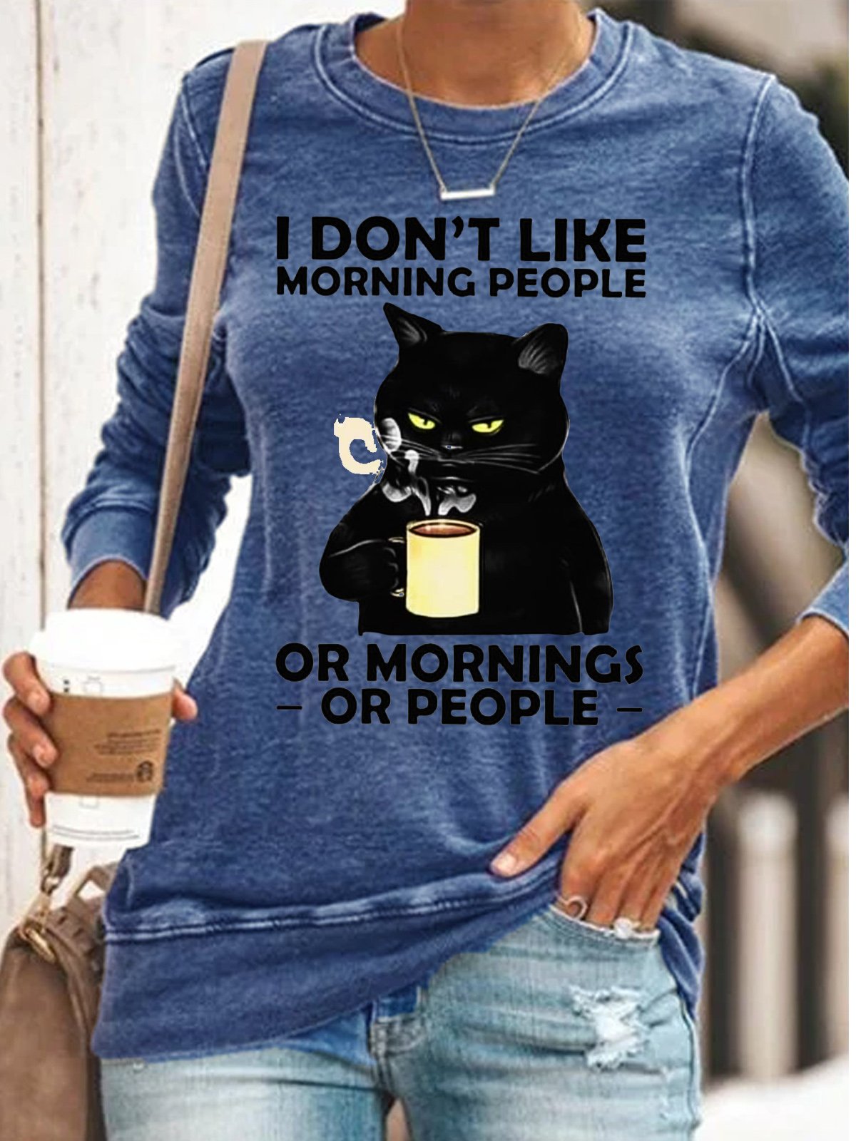 Womens Funny I Dont Like Morning Black Cat Casual Sweatshirt