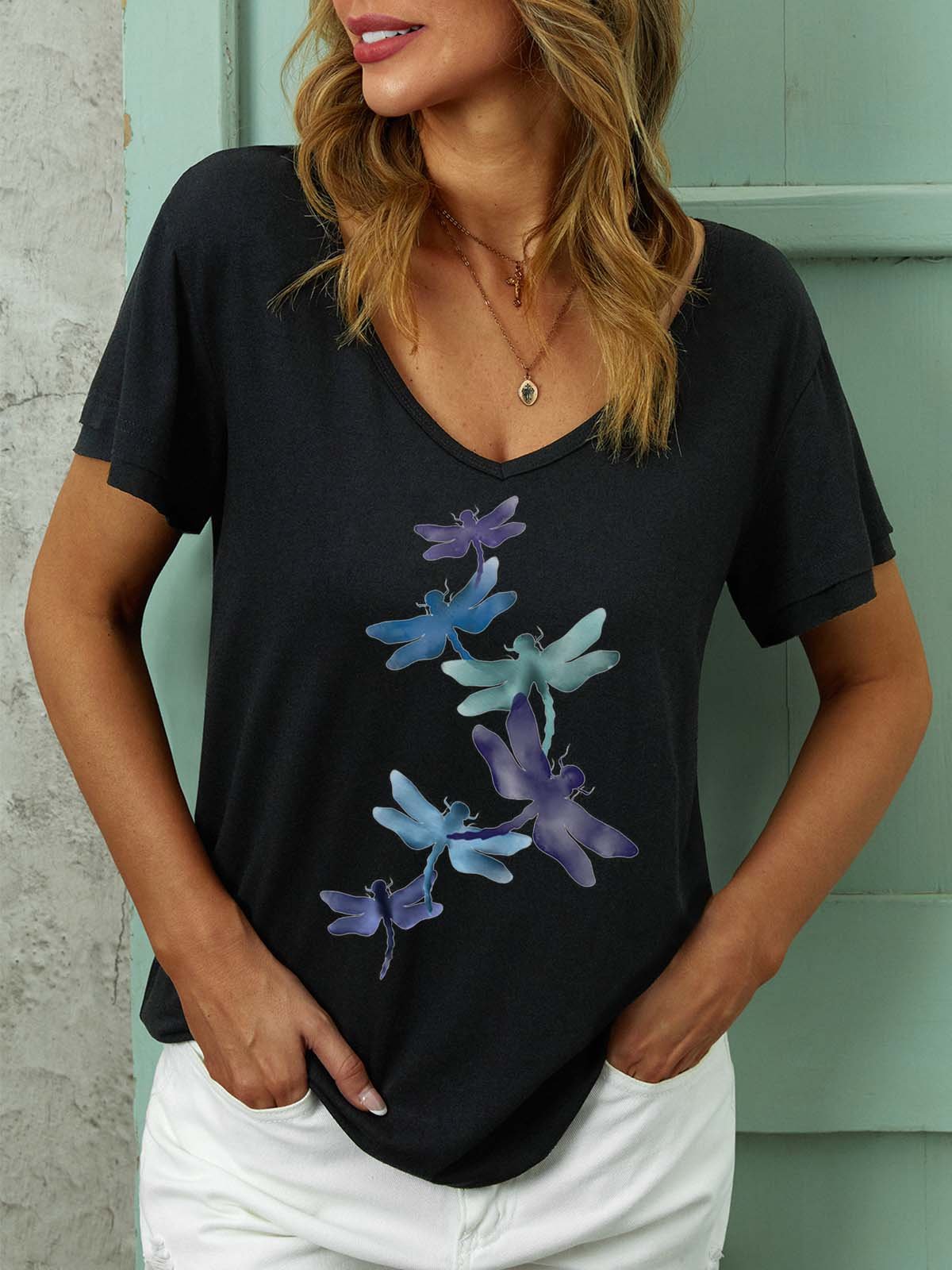 Women Gragonfly Printing V Neck Cotton-Blend Dragonfly T-Shirt