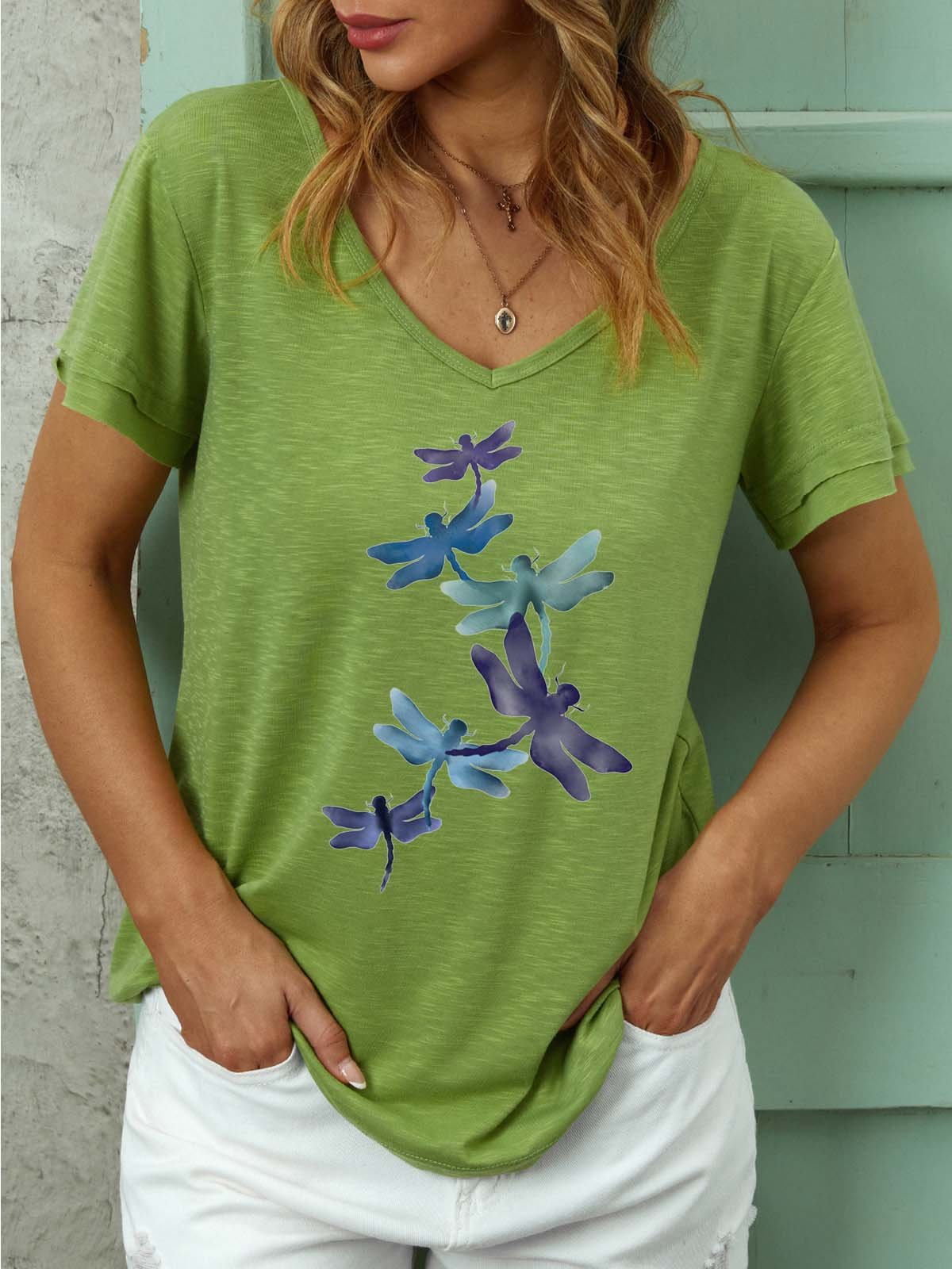 Women Gragonfly Printing V Neck Cotton-Blend Dragonfly T-Shirt