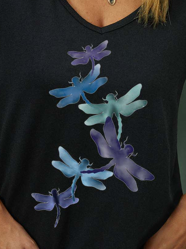 Women Gragonfly Printing V Neck Cotton-Blend Dragonfly T-Shirt