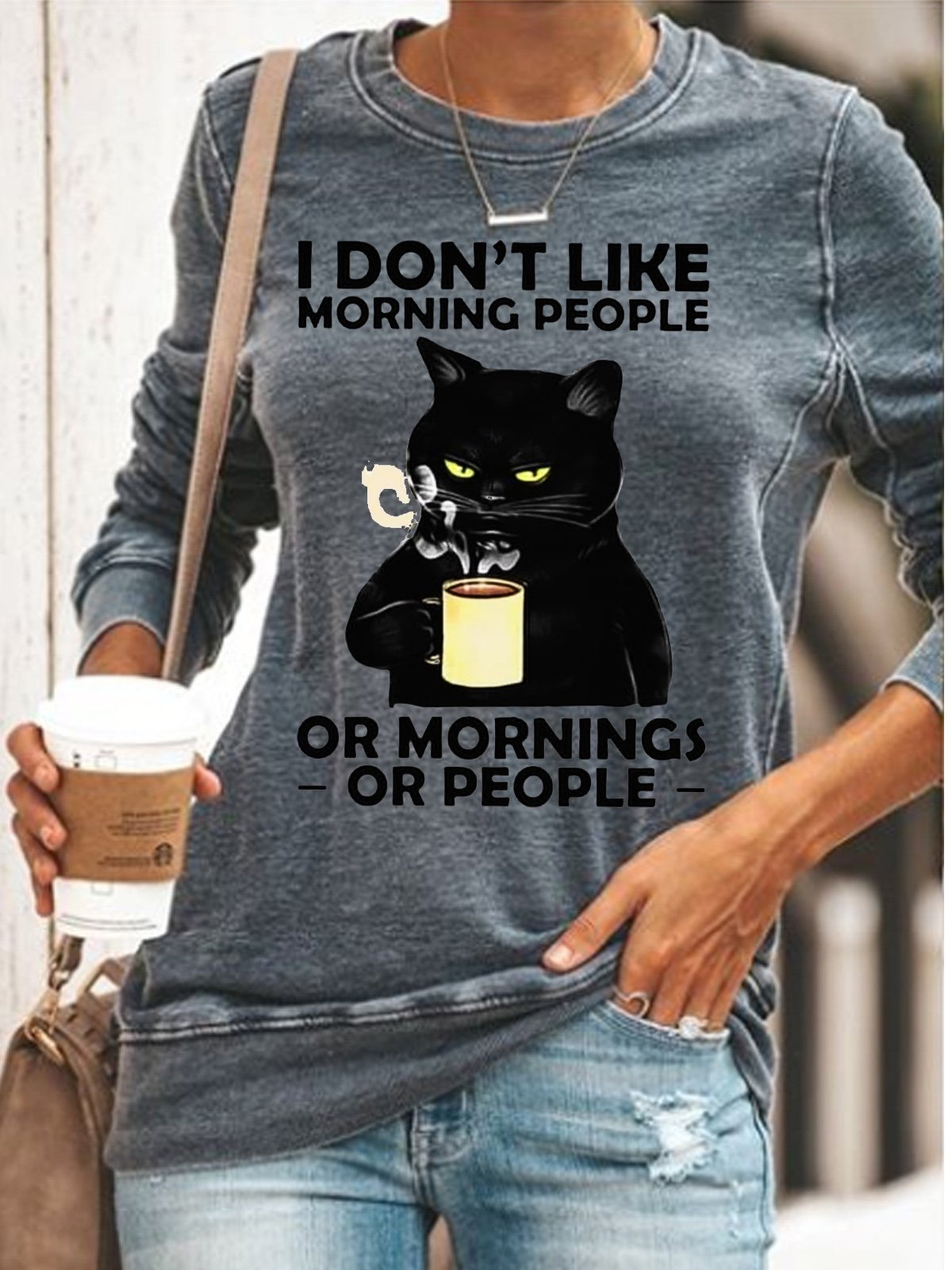 Womens Funny I Dont Like Morning Black Cat Casual Sweatshirt