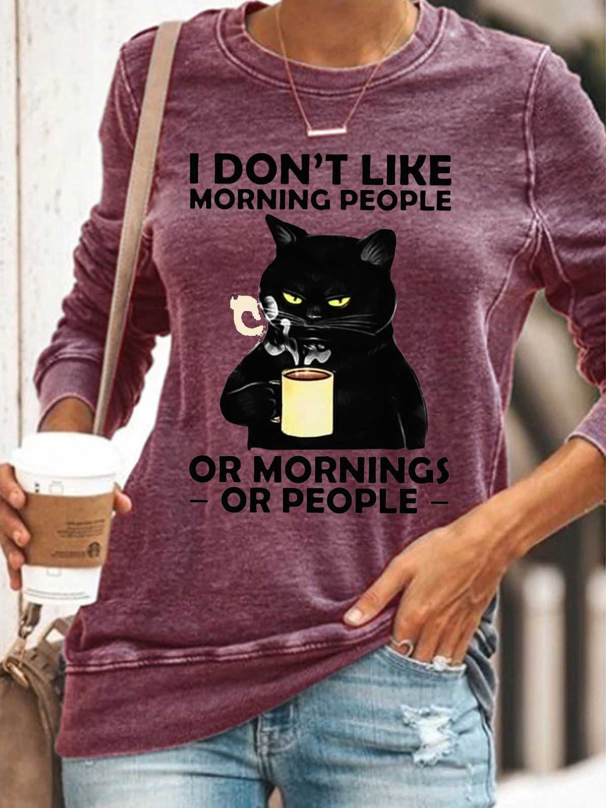 Womens Funny I Dont Like Morning Black Cat Casual Sweatshirt