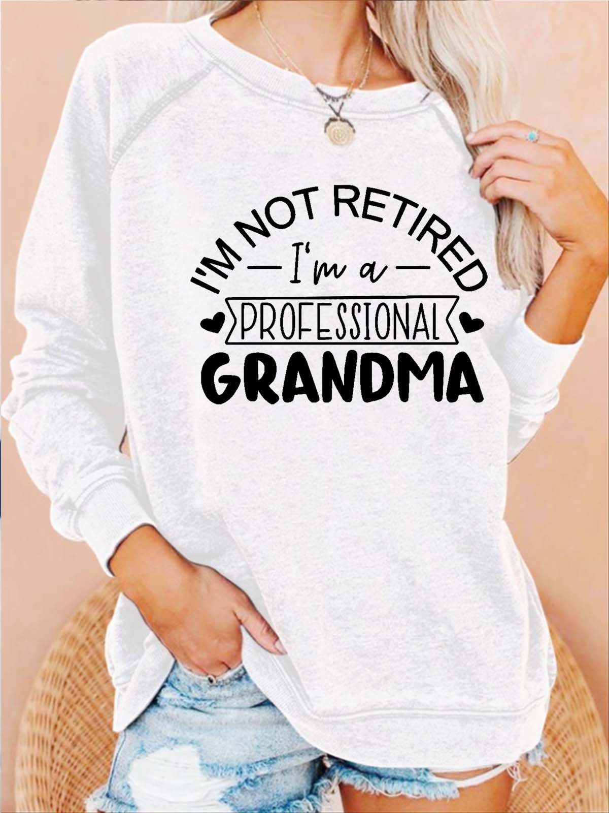 Women Grandma Cordate Letters Loose Crew Neck Sweatshirt