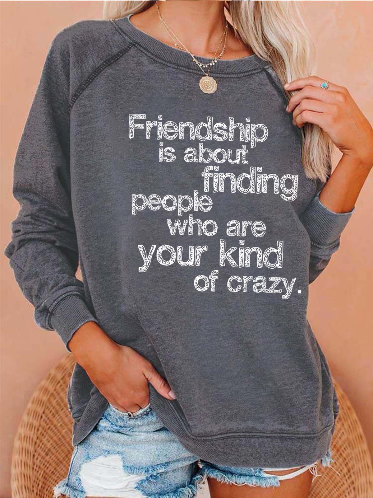 Women Friendship Letters Graphic Casual Crew Neck Cotton Sweatshirts