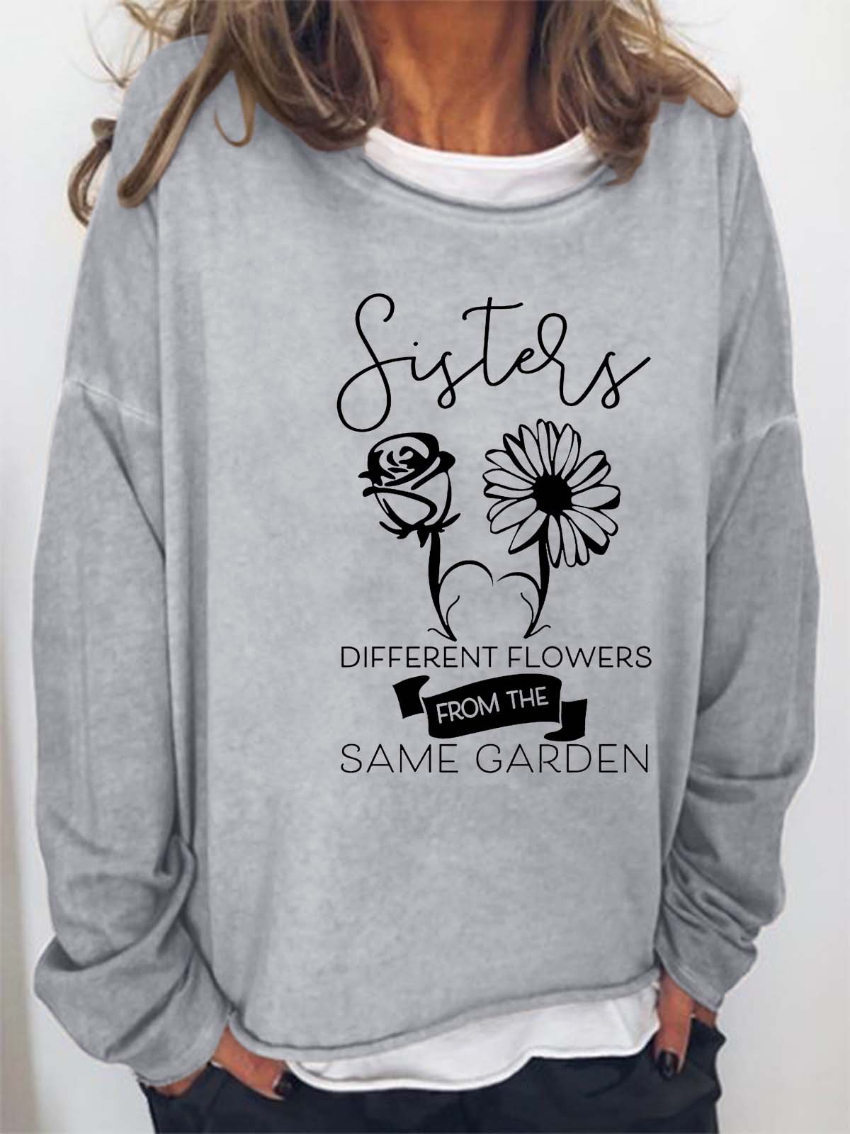 Women Figure Floral Sisters Text Letters Casual Sweatshirt