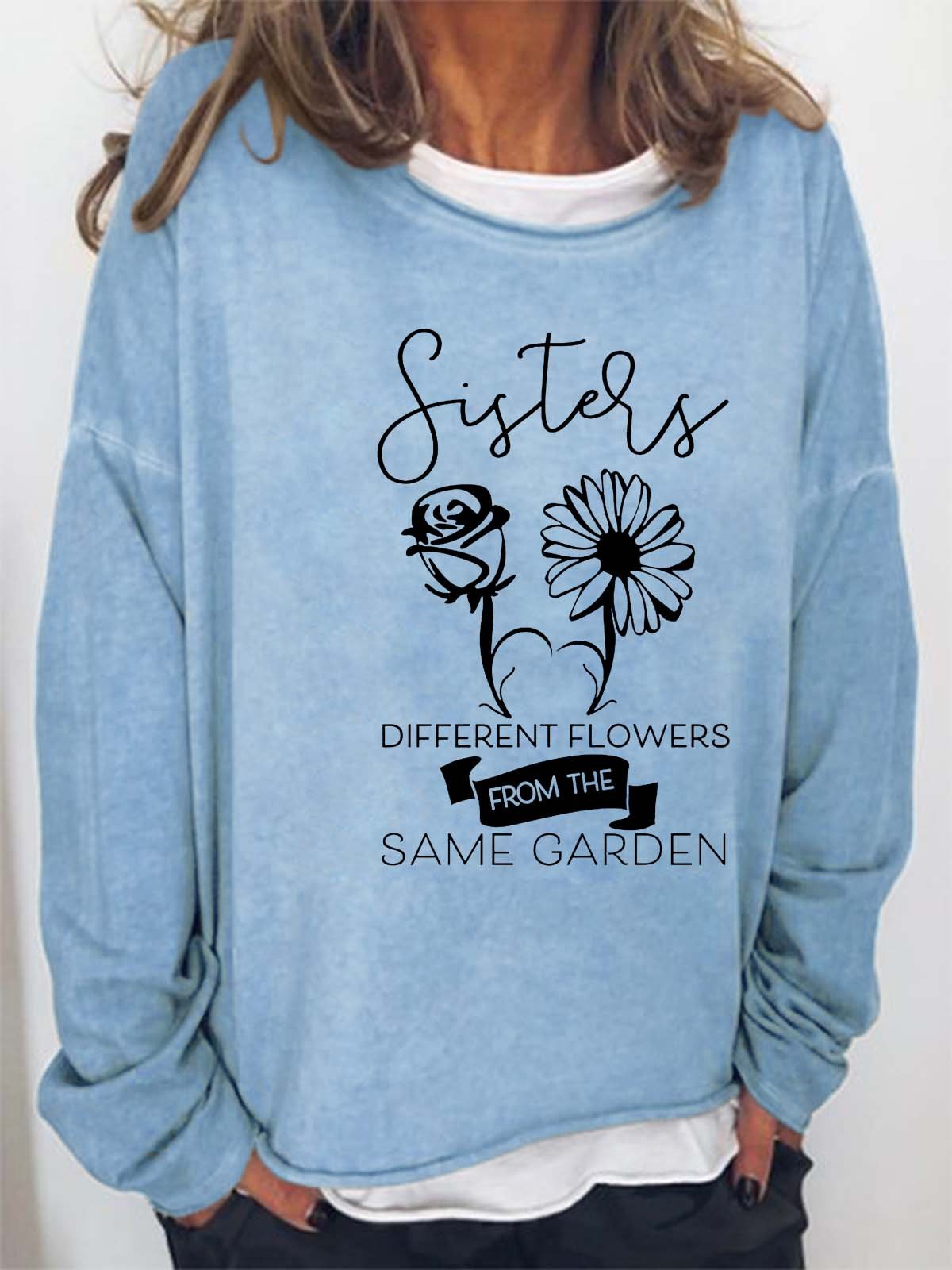 Women Figure Floral Sisters Text Letters Casual Sweatshirt