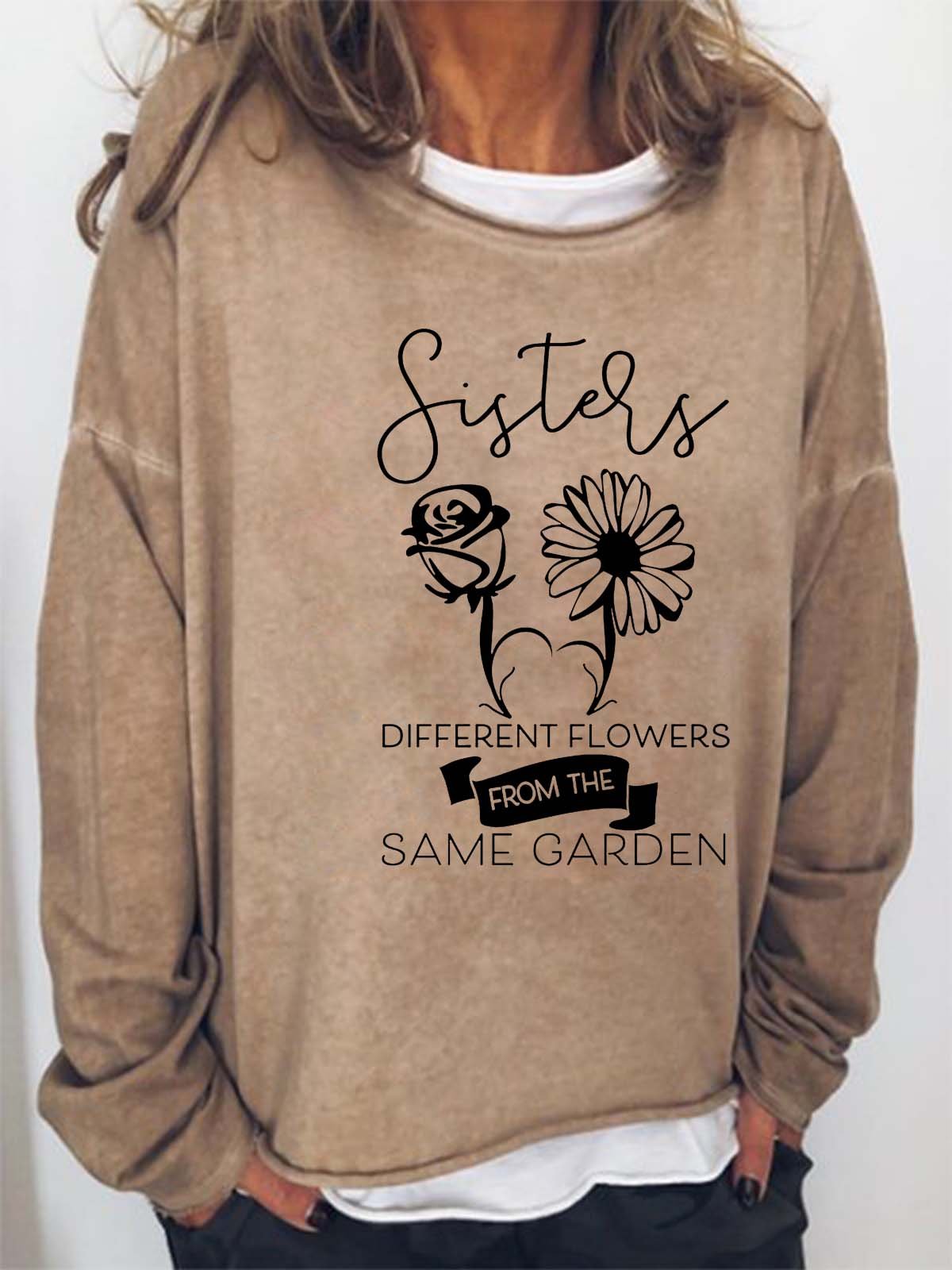 Women Figure Floral Sisters Text Letters Casual Sweatshirt