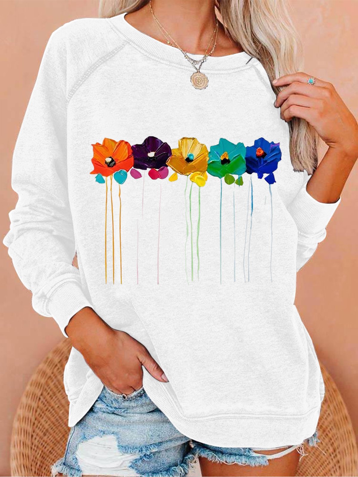 Women Funny Abstract Flower Crew Neck Loose Sweatshirt