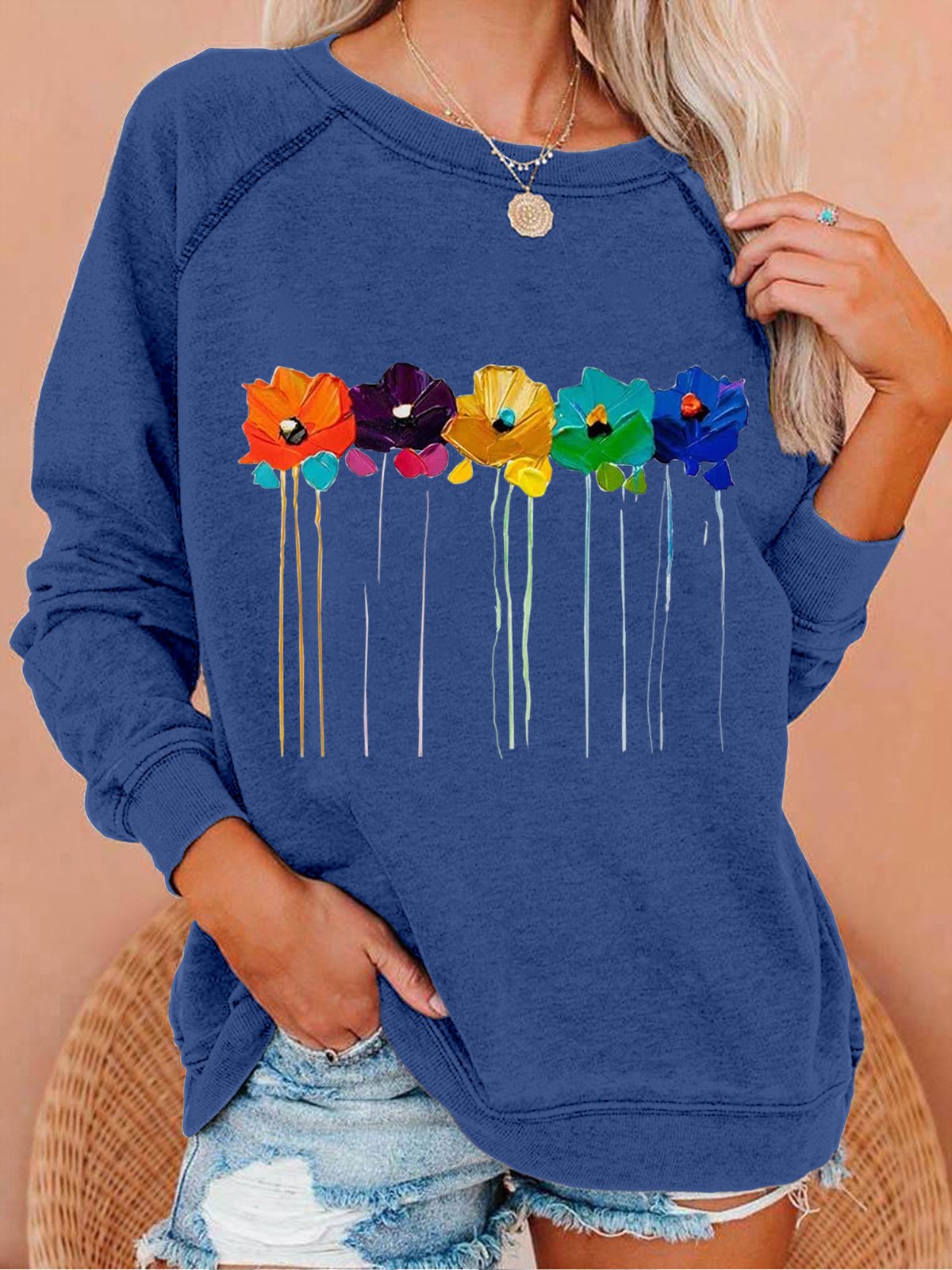 Women Funny Abstract Flower Crew Neck Loose Sweatshirt