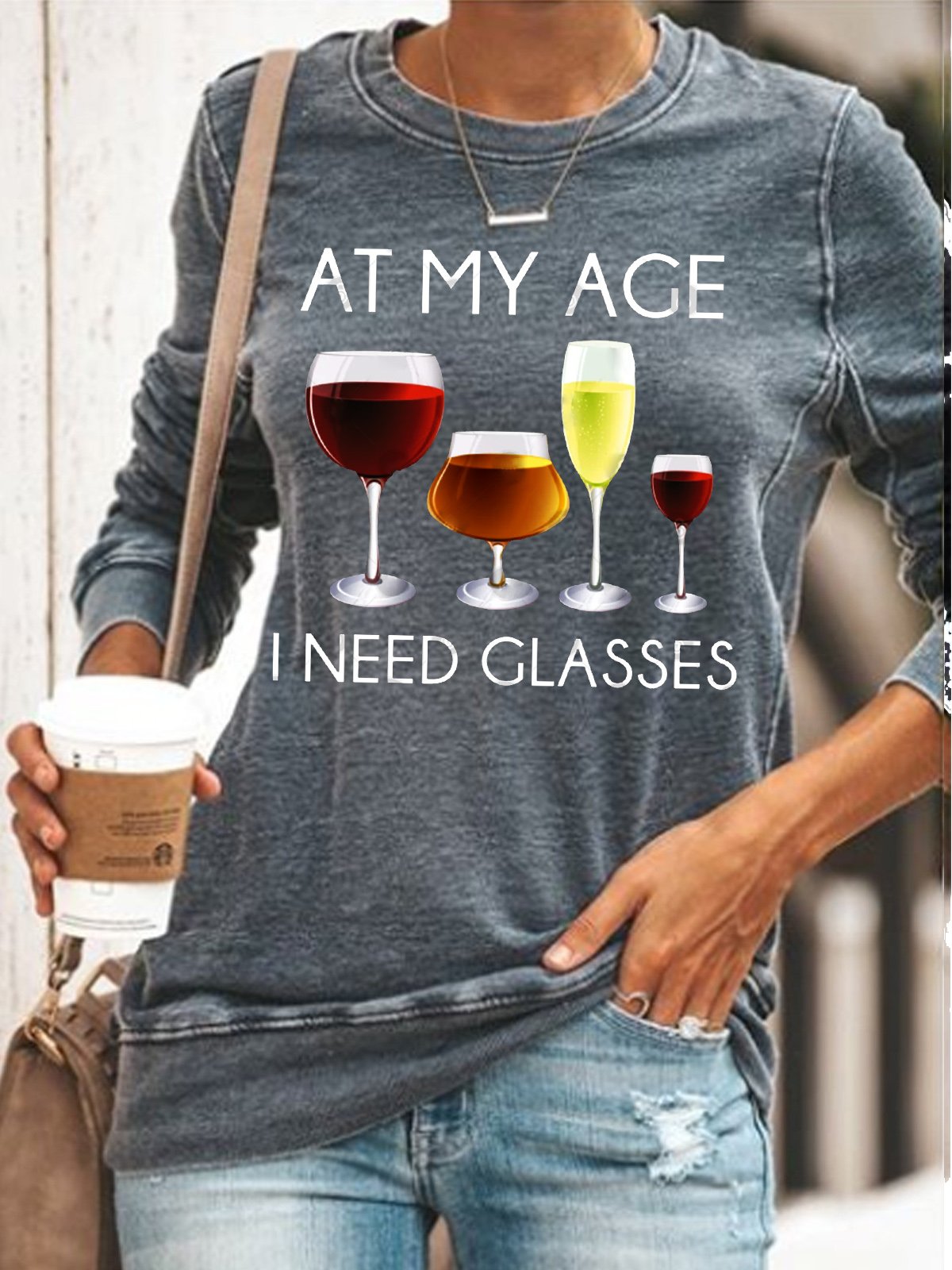 Womens Funny Alcohol At My Age I Need Glasses Casual Crew Neck Sweatshirt