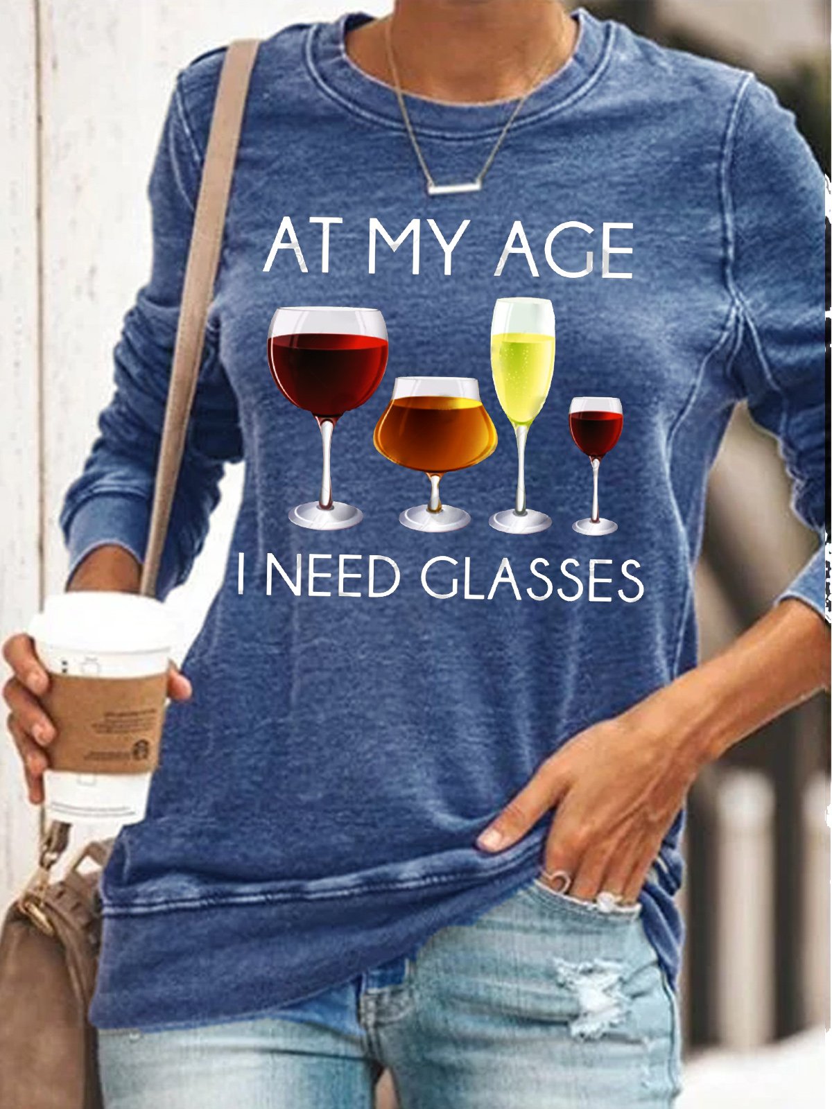 Womens Funny Alcohol At My Age I Need Glasses Casual Crew Neck Sweatshirt