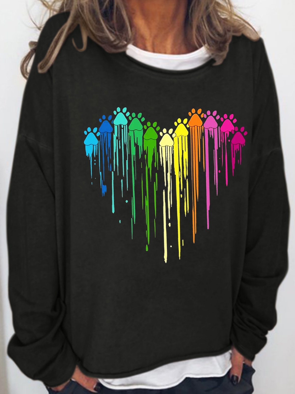 Womens Colorful Paw Print Casual Crew Neck Sweatshirts