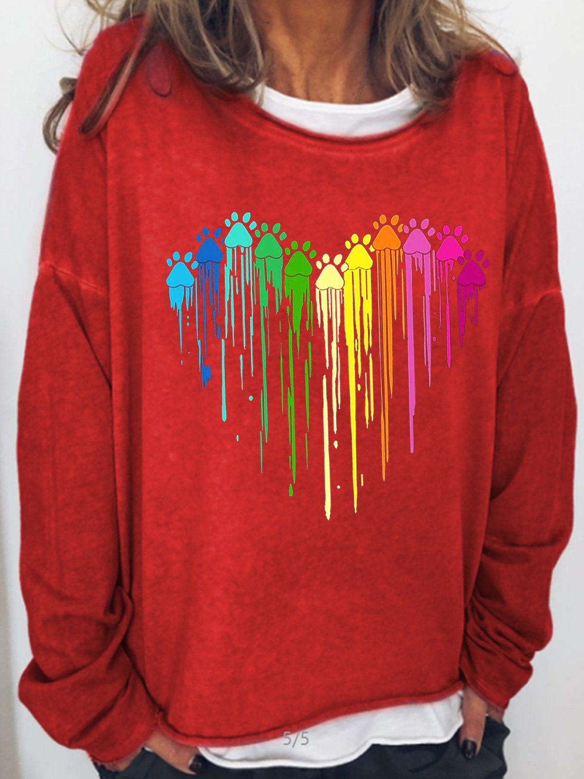 Womens Colorful Paw Print Casual Crew Neck Sweatshirts