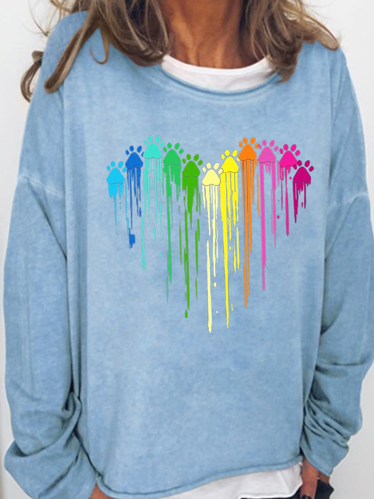 Womens Colorful Paw Print Casual Crew Neck Sweatshirts