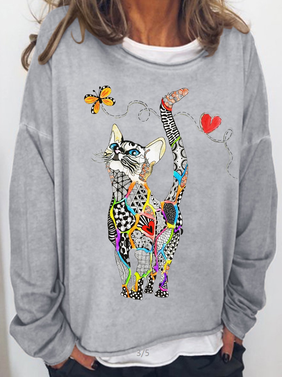 Womens Rainbow Kitty Wwith Butterfly Casual Crew Neck Sweatshirt