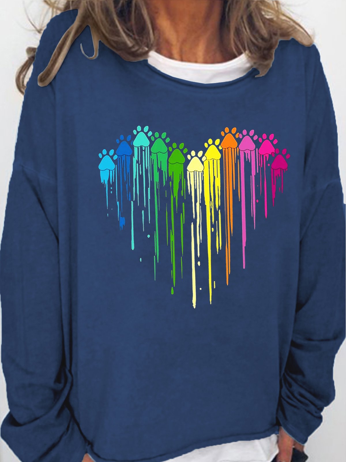 Womens Colorful Paw Print Casual Crew Neck Sweatshirts