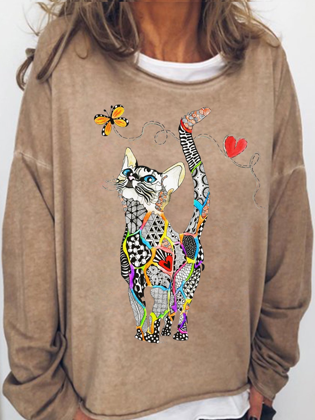 Womens Rainbow Kitty Wwith Butterfly Casual Crew Neck Sweatshirt