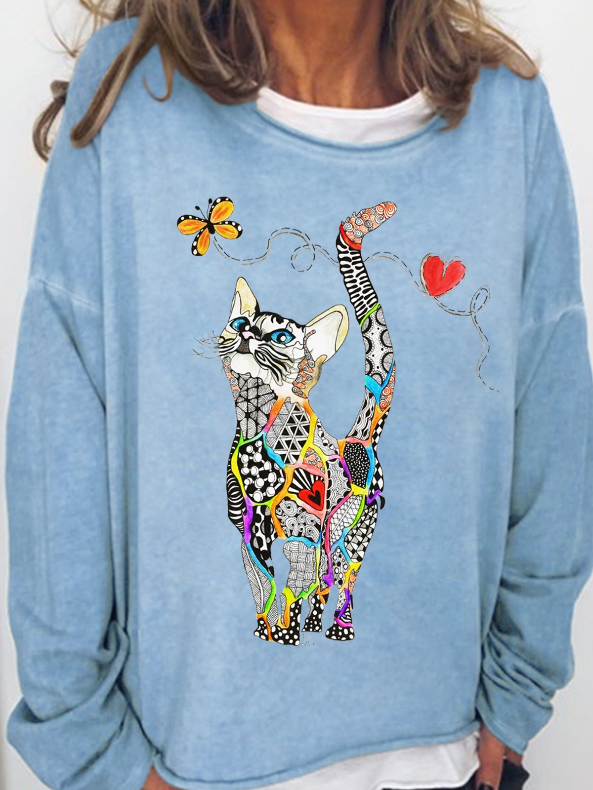 Womens Rainbow Kitty Wwith Butterfly Casual Crew Neck Sweatshirt