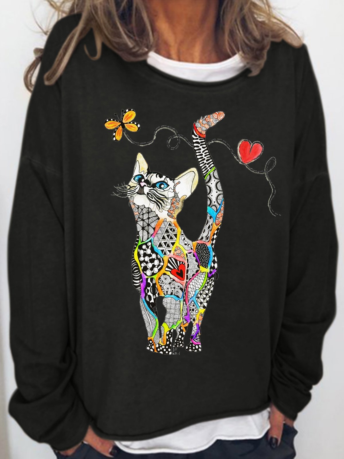 Womens Rainbow Kitty Wwith Butterfly Casual Crew Neck Sweatshirt