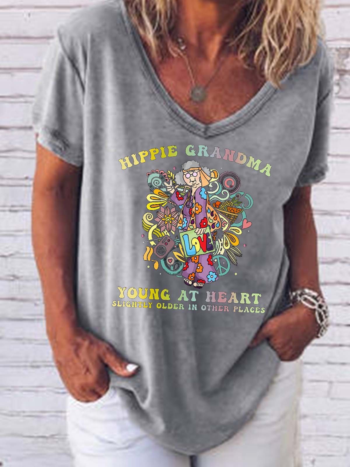 Hippie Grandma Funny V-neck T-shirt