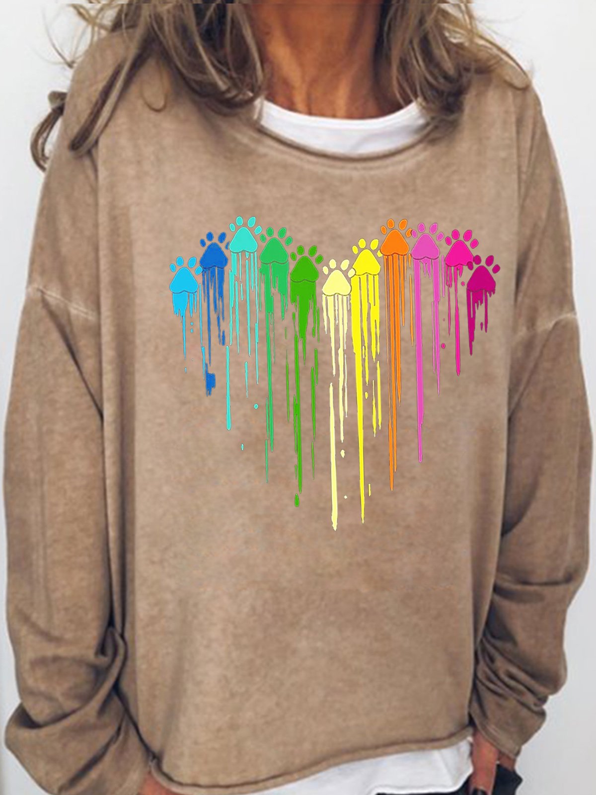 Womens Colorful Paw Print Casual Crew Neck Sweatshirts