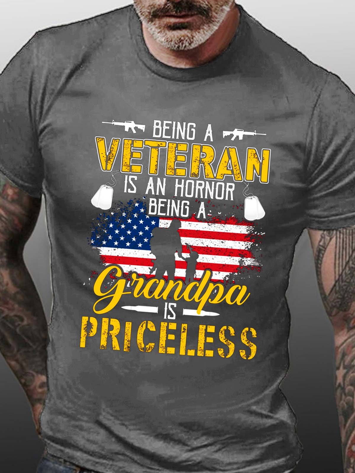 Men Veterans Hornor Grandpa Crew Neck Text Letters T-Shirt