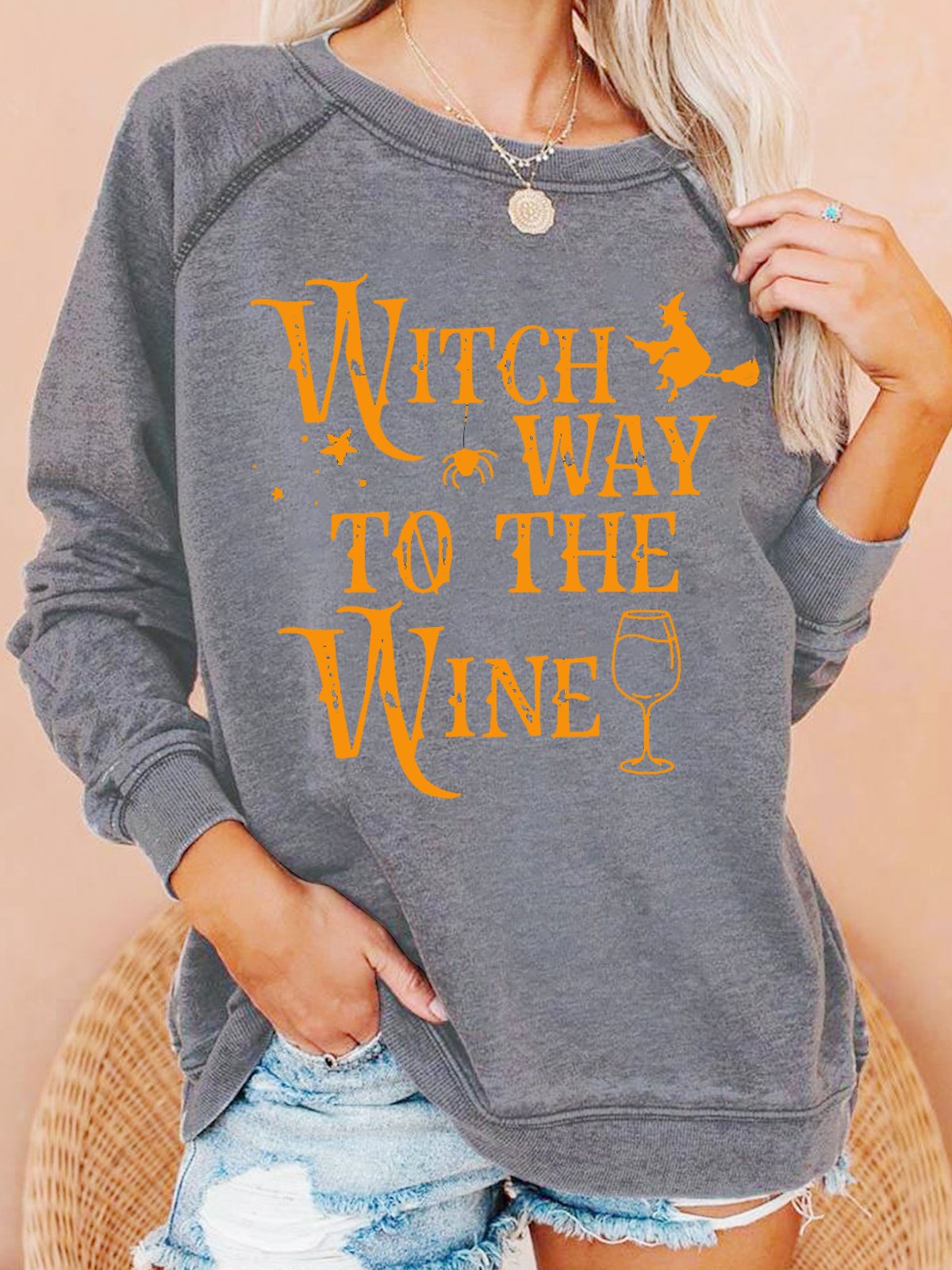 Womens Witch Way To The Wine Casual Helloween Sweatshirt