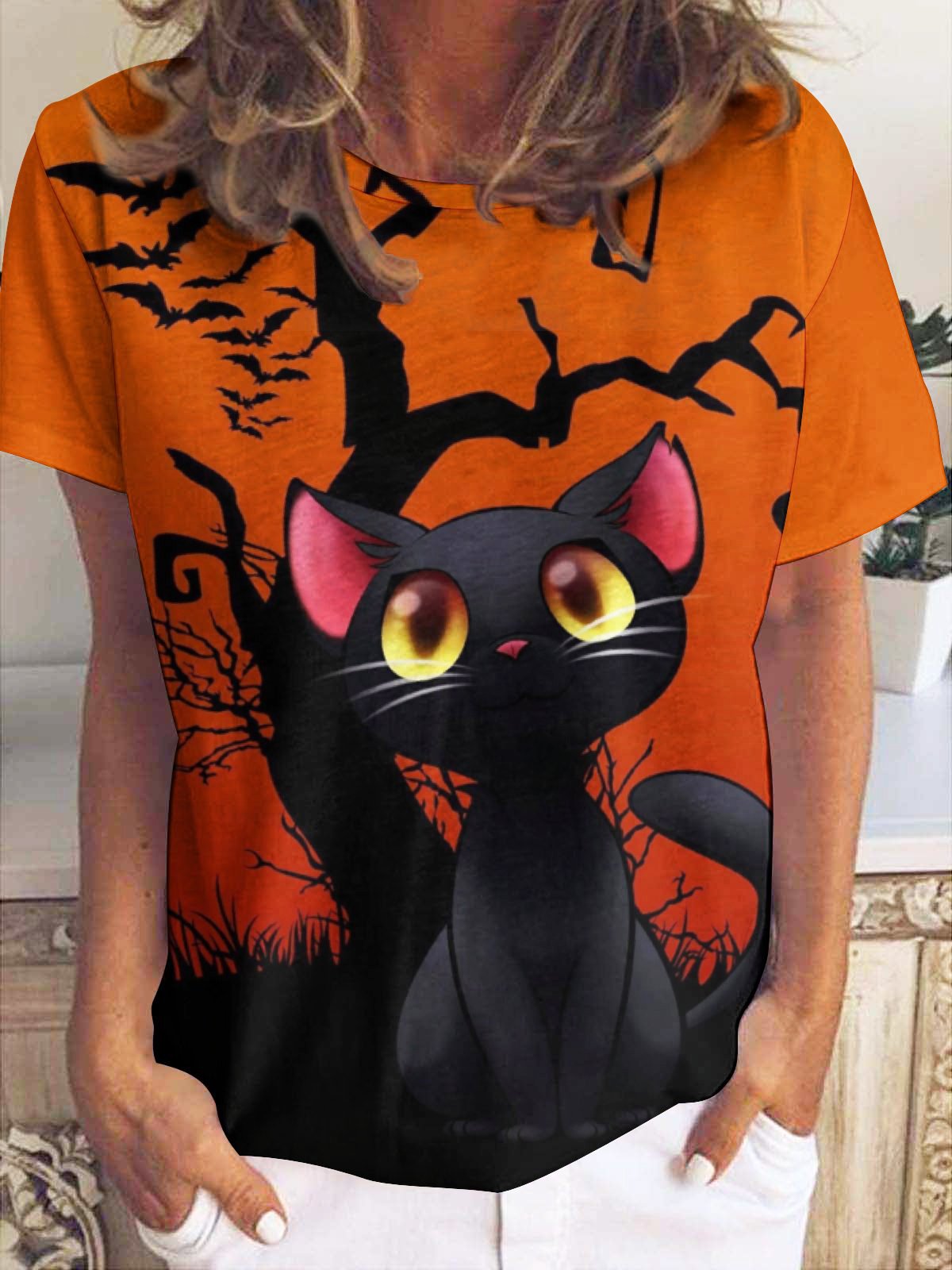 Women Black Cat Simple Halloween Loose T-Shirt