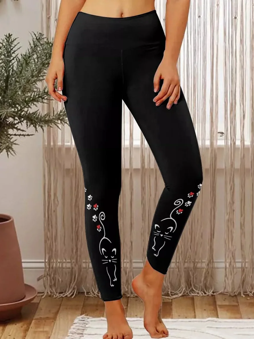 Women's Black Cat Love Paws Regular Fit Simple Leggings