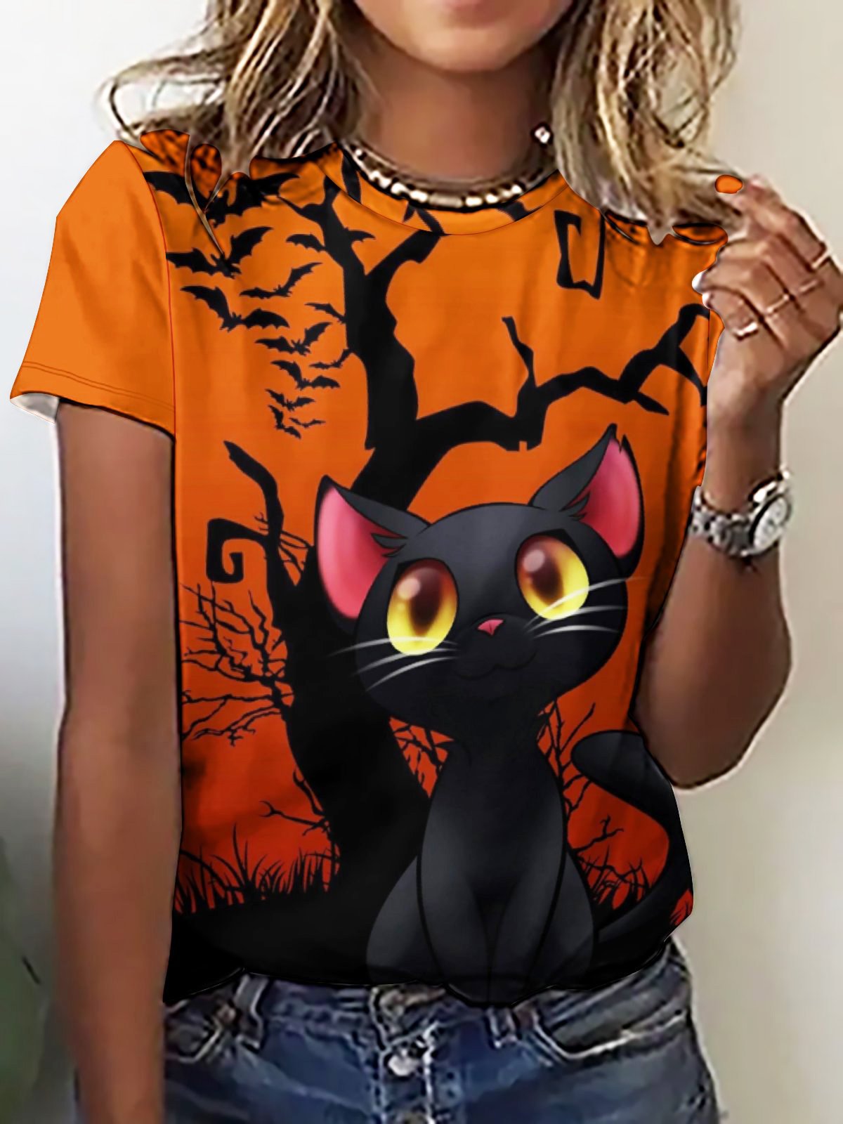 Women Black Cat Simple Halloween Loose T-Shirt