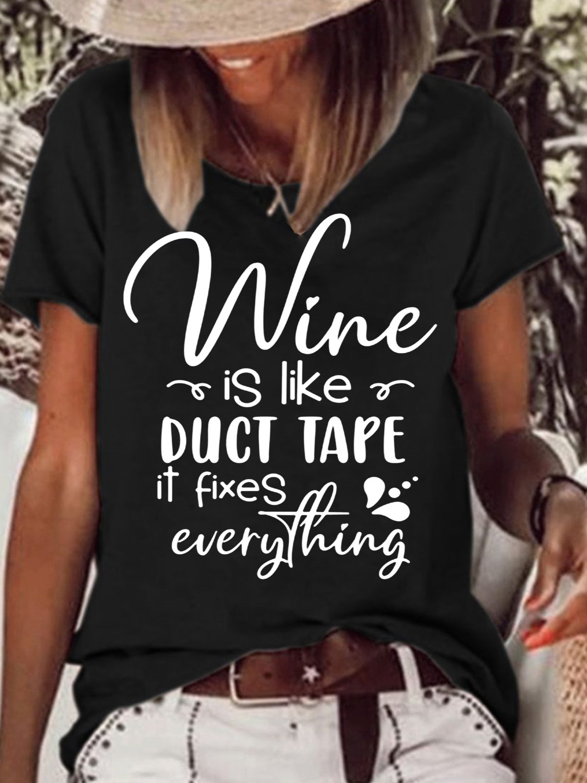 Womens Funny Wine fixes everything Letters T-Shirt