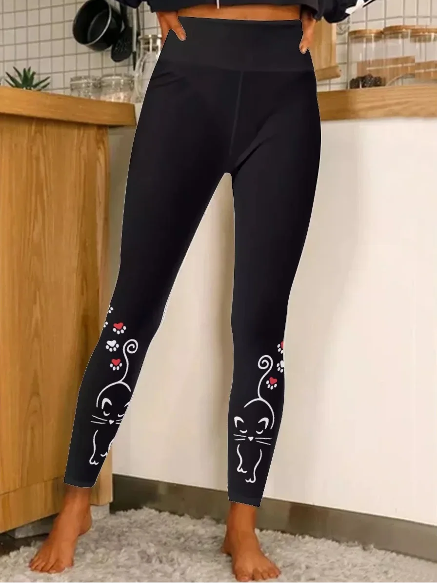 Women's Black Cat Love Paws Regular Fit Simple Leggings