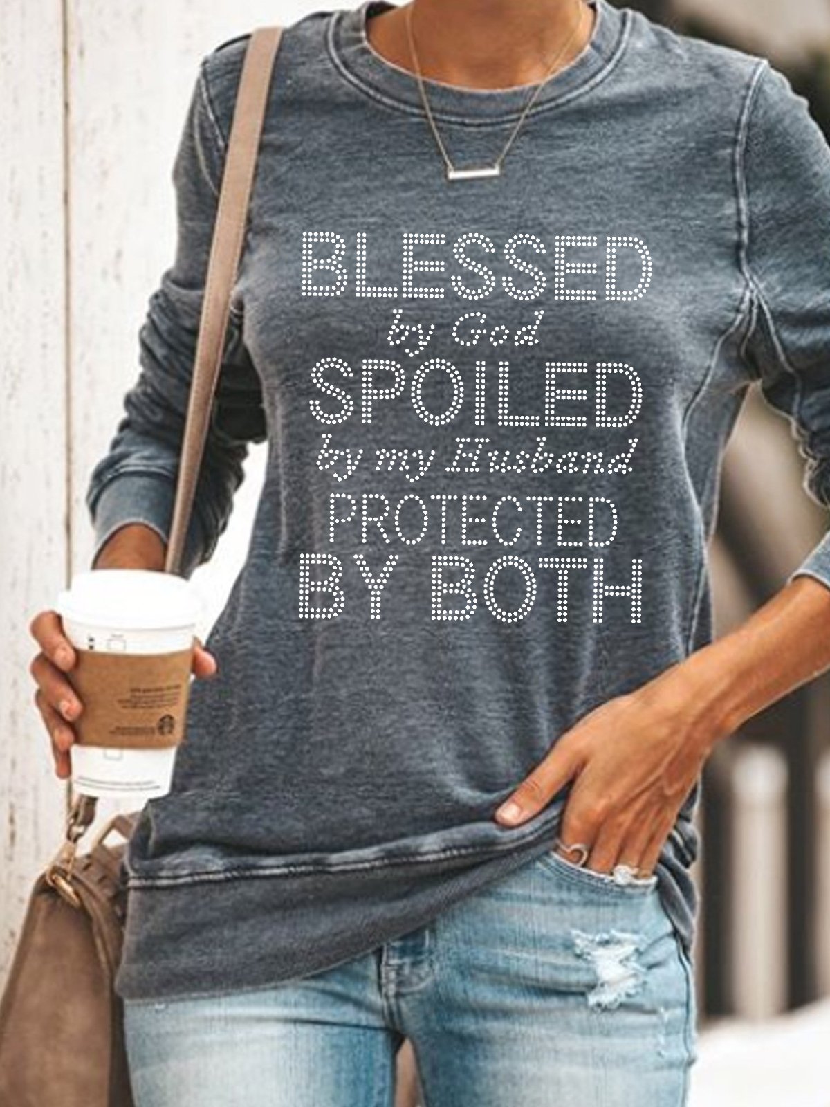 Women Blessed By God Spoiled By My Husband Text Letters Print Crew Neck Sweatshirt