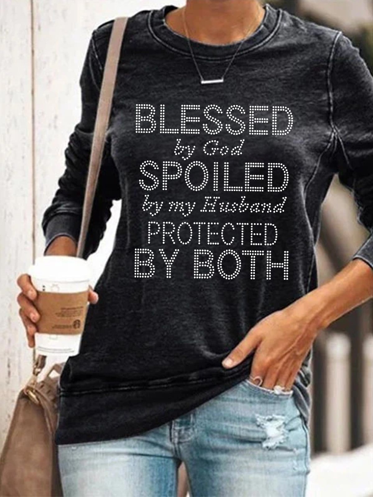 Women Blessed By God Spoiled By My Husband Text Letters Print Crew Neck Sweatshirt