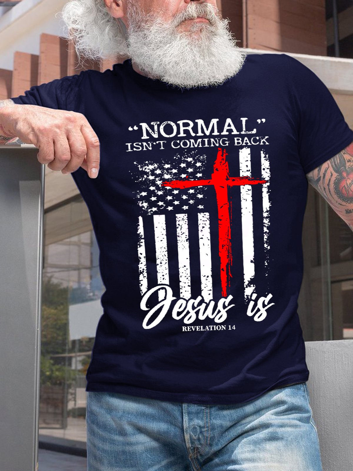 Men Normal Isn't Coming Back But Jesus Is Revelation 14 Flag  Cotton T-Shirt