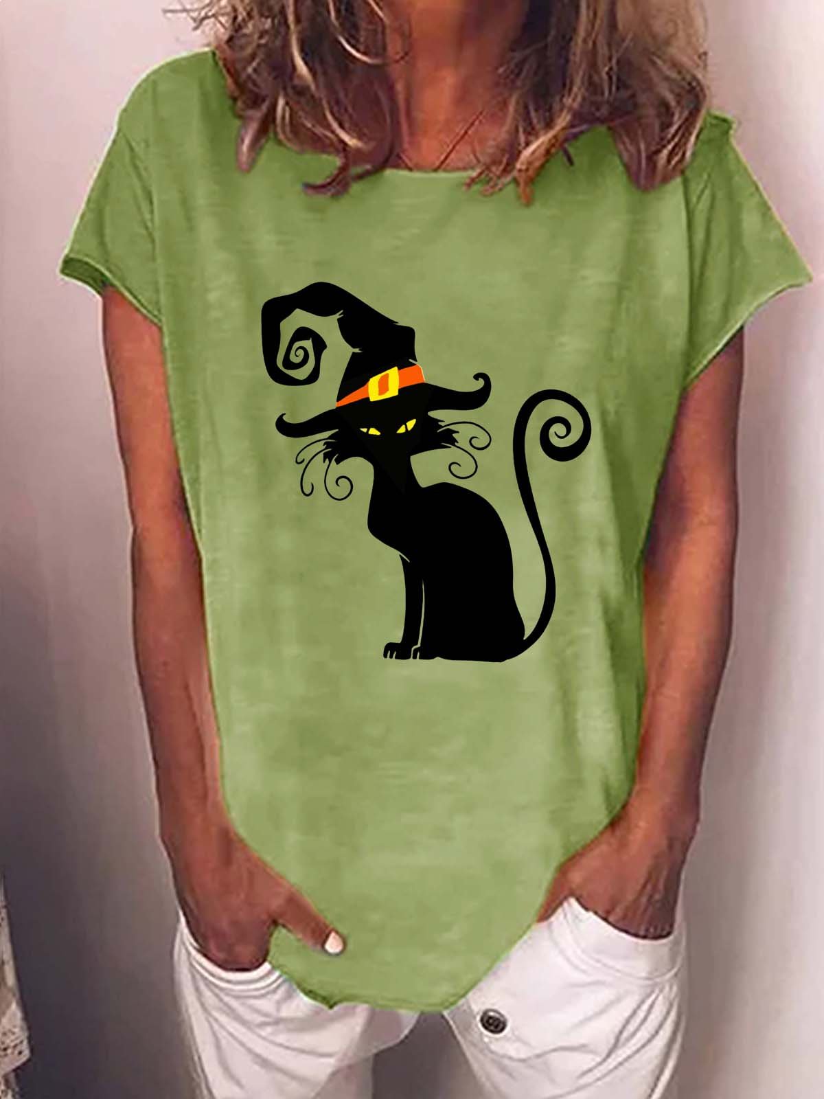 Women Black Cat Halloween Loose T-Shirt