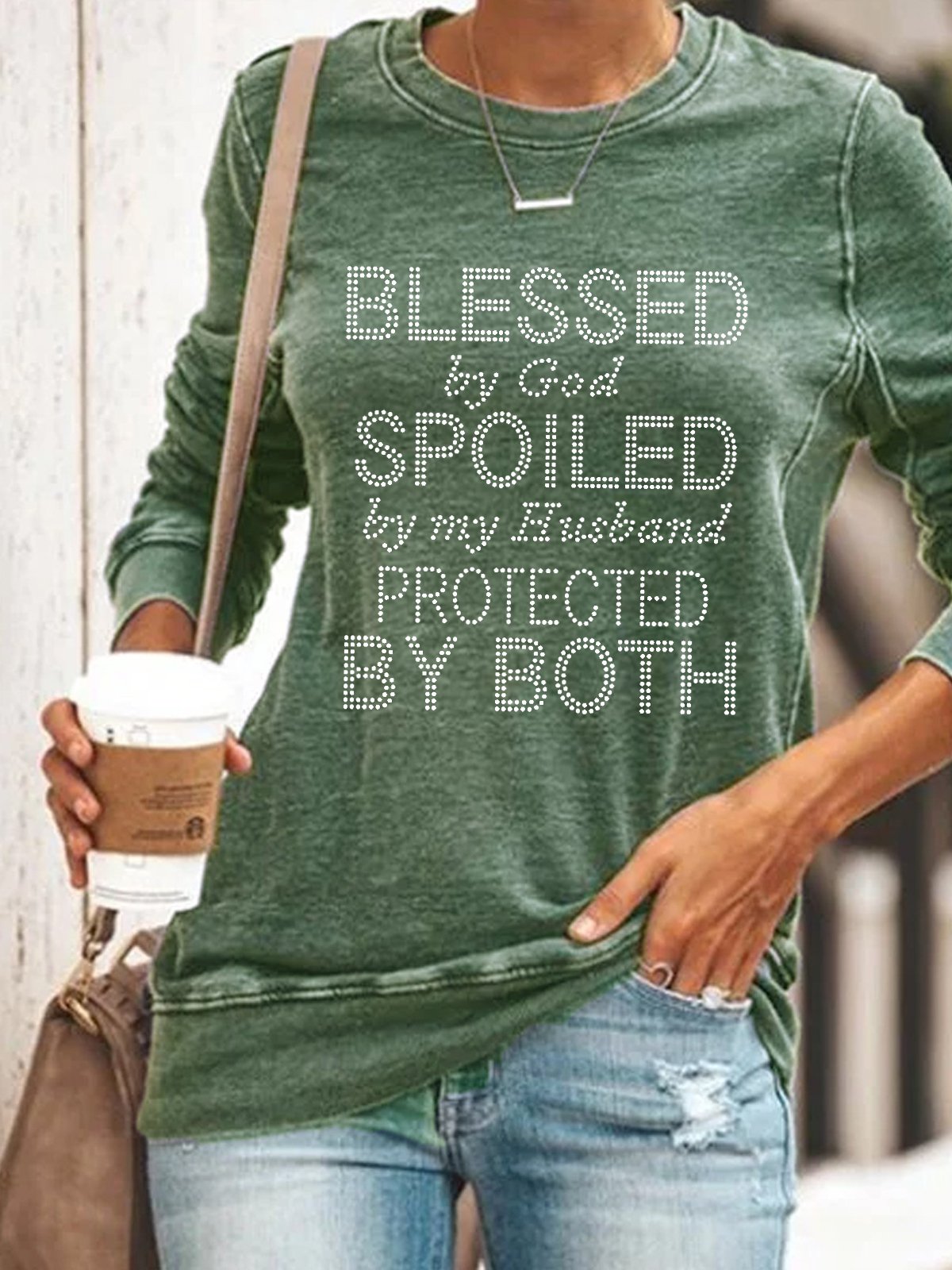 Women Blessed By God Spoiled By My Husband Text Letters Print Crew Neck Sweatshirt