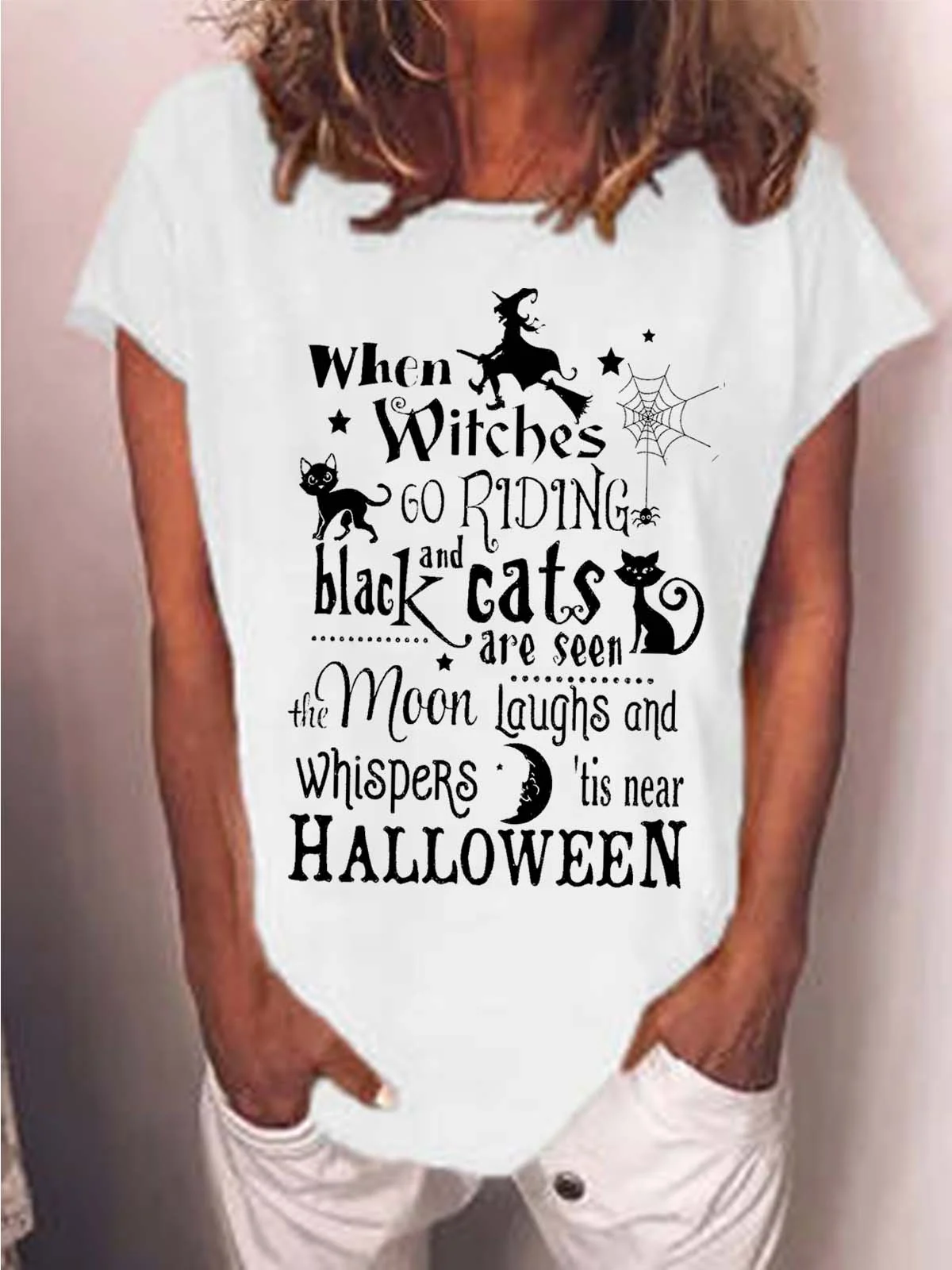 Women Halloween Brooms Witch Moon Black Cats Casual T-Shirt