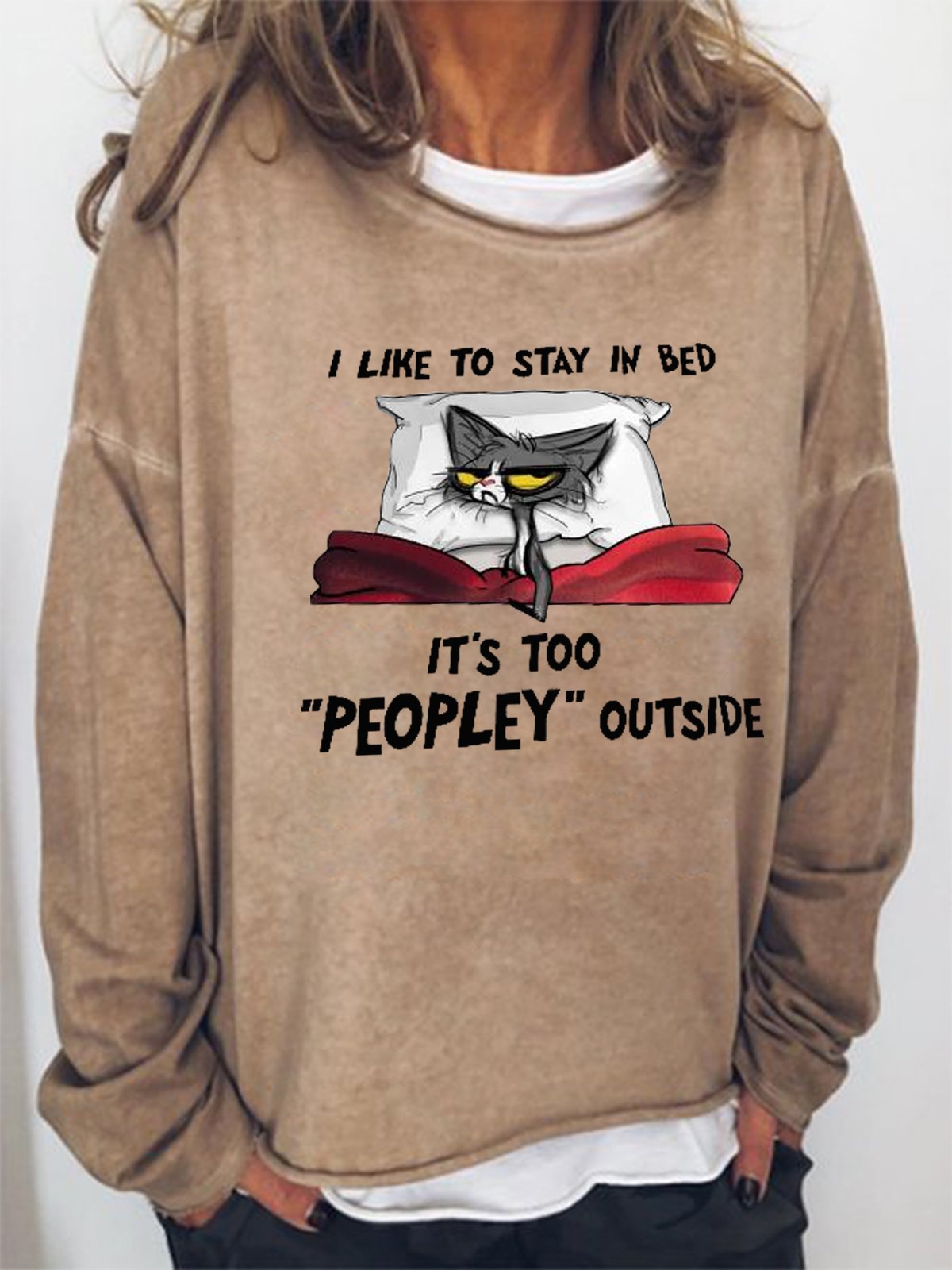 Women Funny Graphic Black Cat I Like To Stay In Bed It’s Too Peopley Outside Simple Sweatshirt