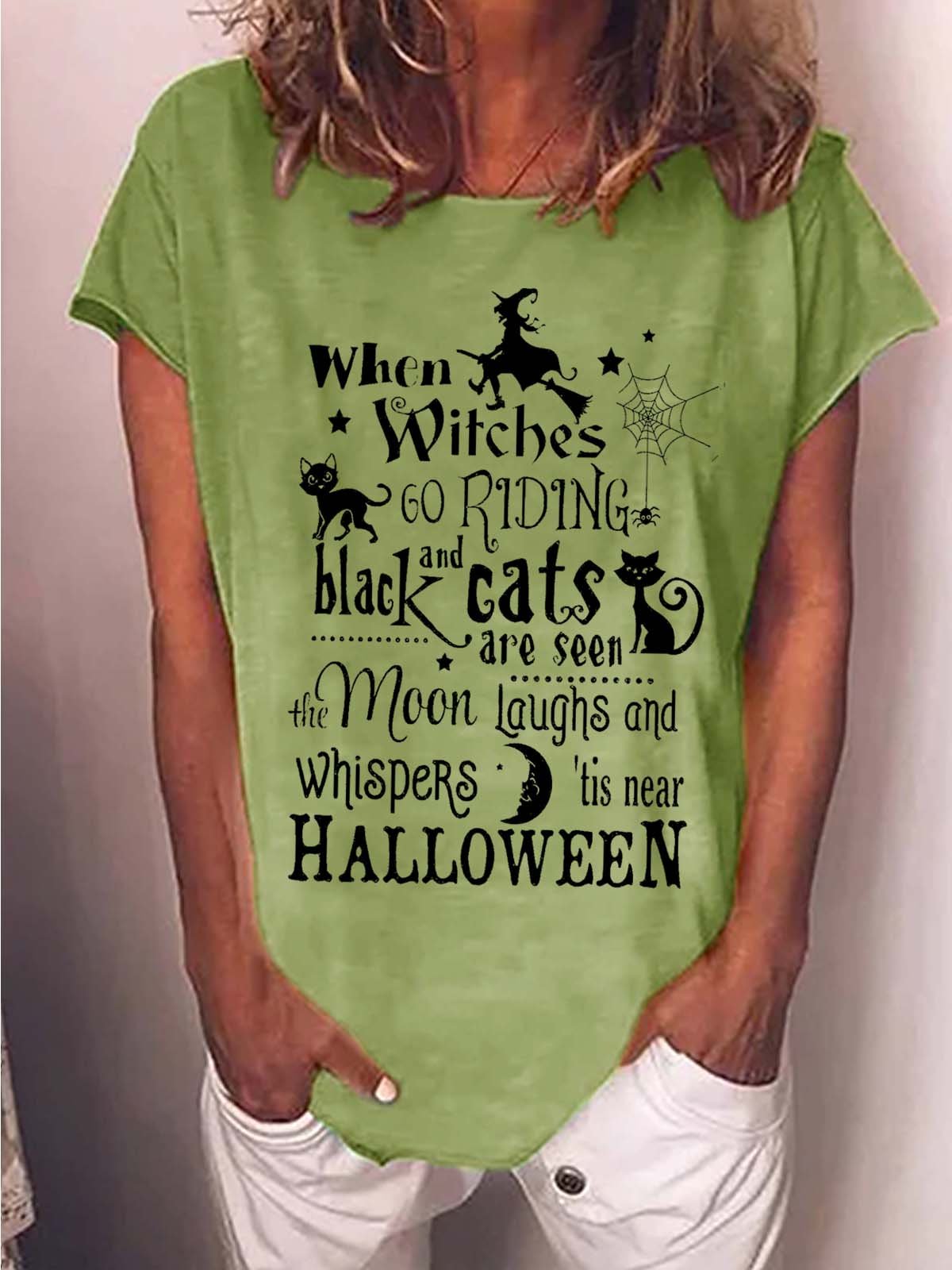 Women Halloween Brooms Witch Moon Black Cats Casual T-Shirt