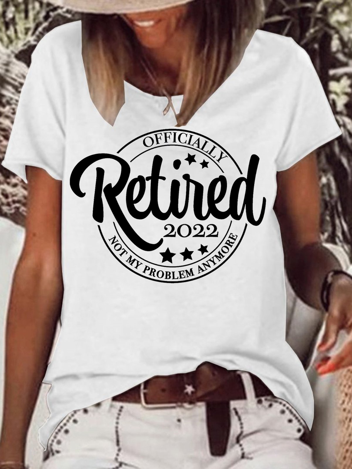 Womens Officially Retired 2022 Letters Casual T-Shirt