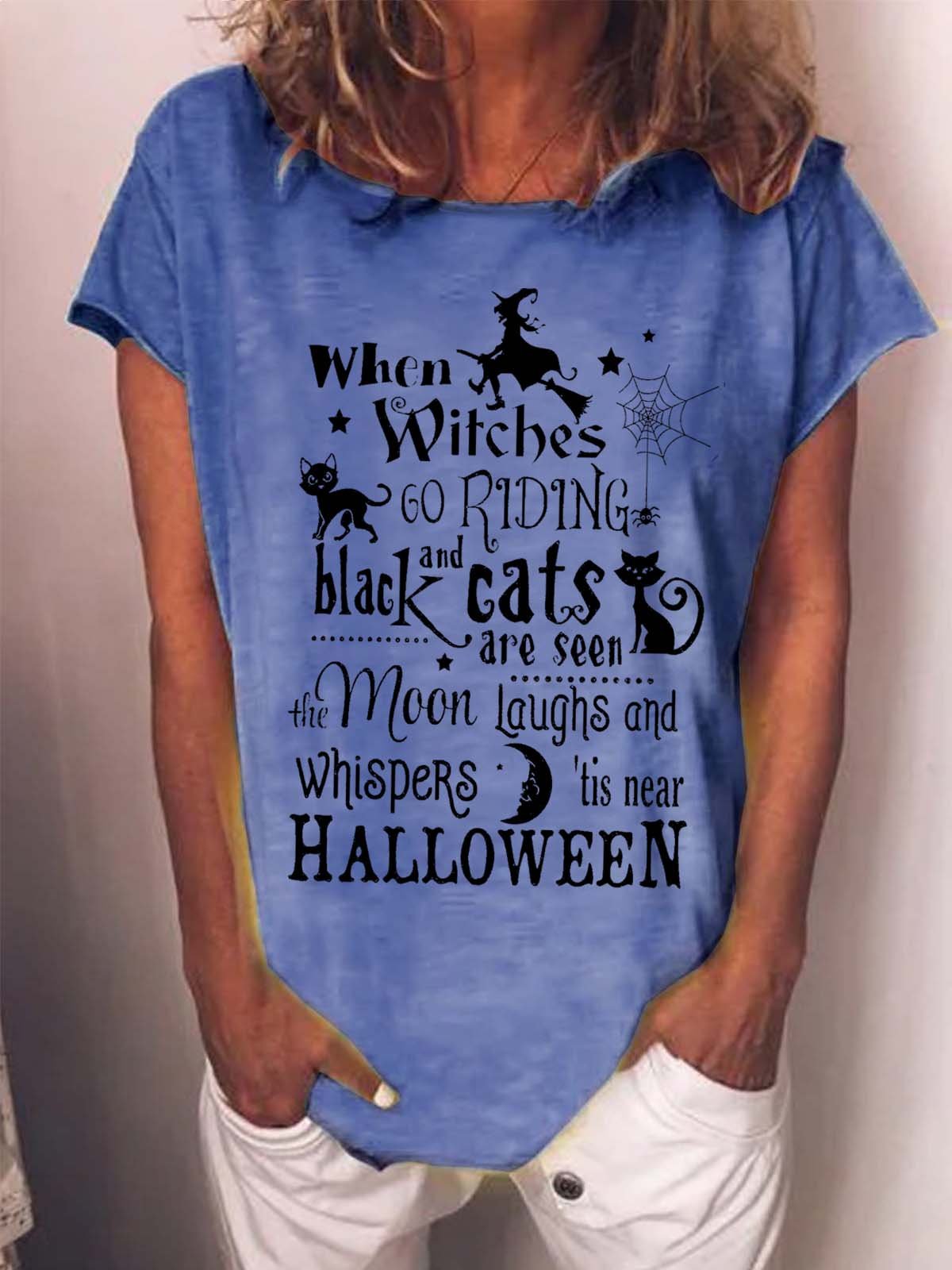 Women Halloween Brooms Witch Moon Black Cats Casual T-Shirt