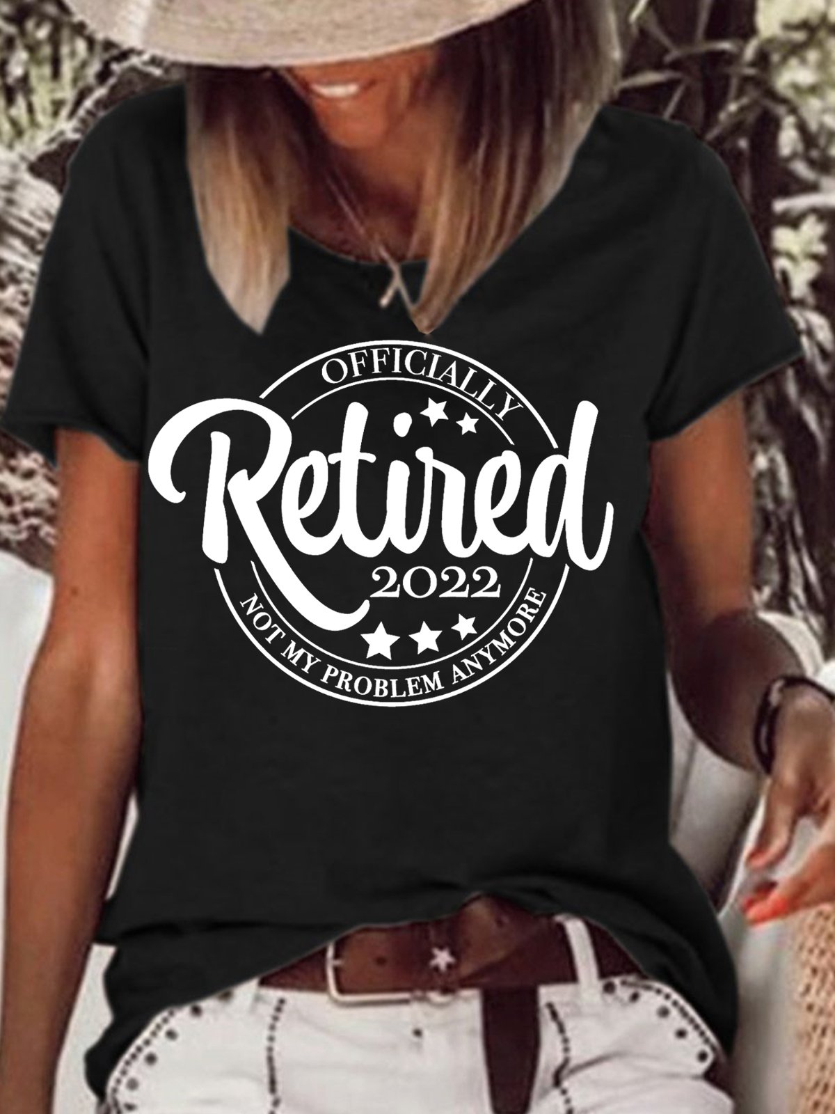Womens Officially Retired 2022 Letters Casual T-Shirt