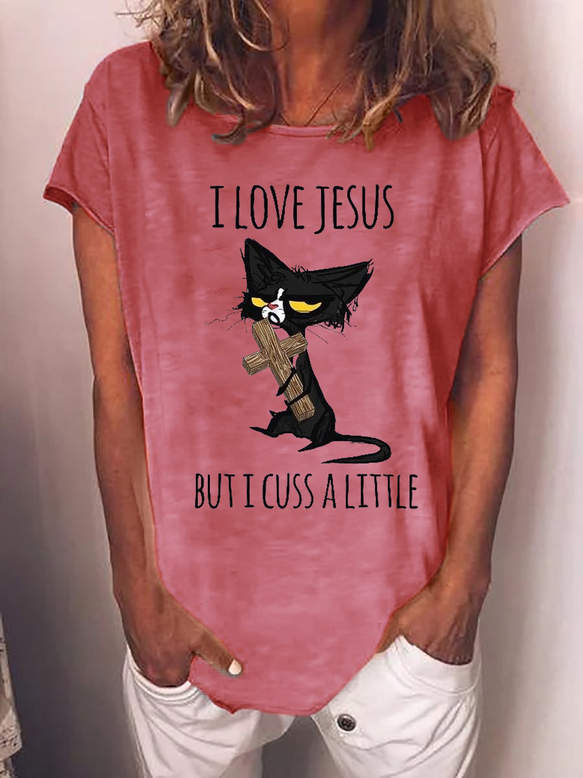 Women Funny Graphic Cat I Love Jesus But I Cuss A Little Crew Neck T-Shirt