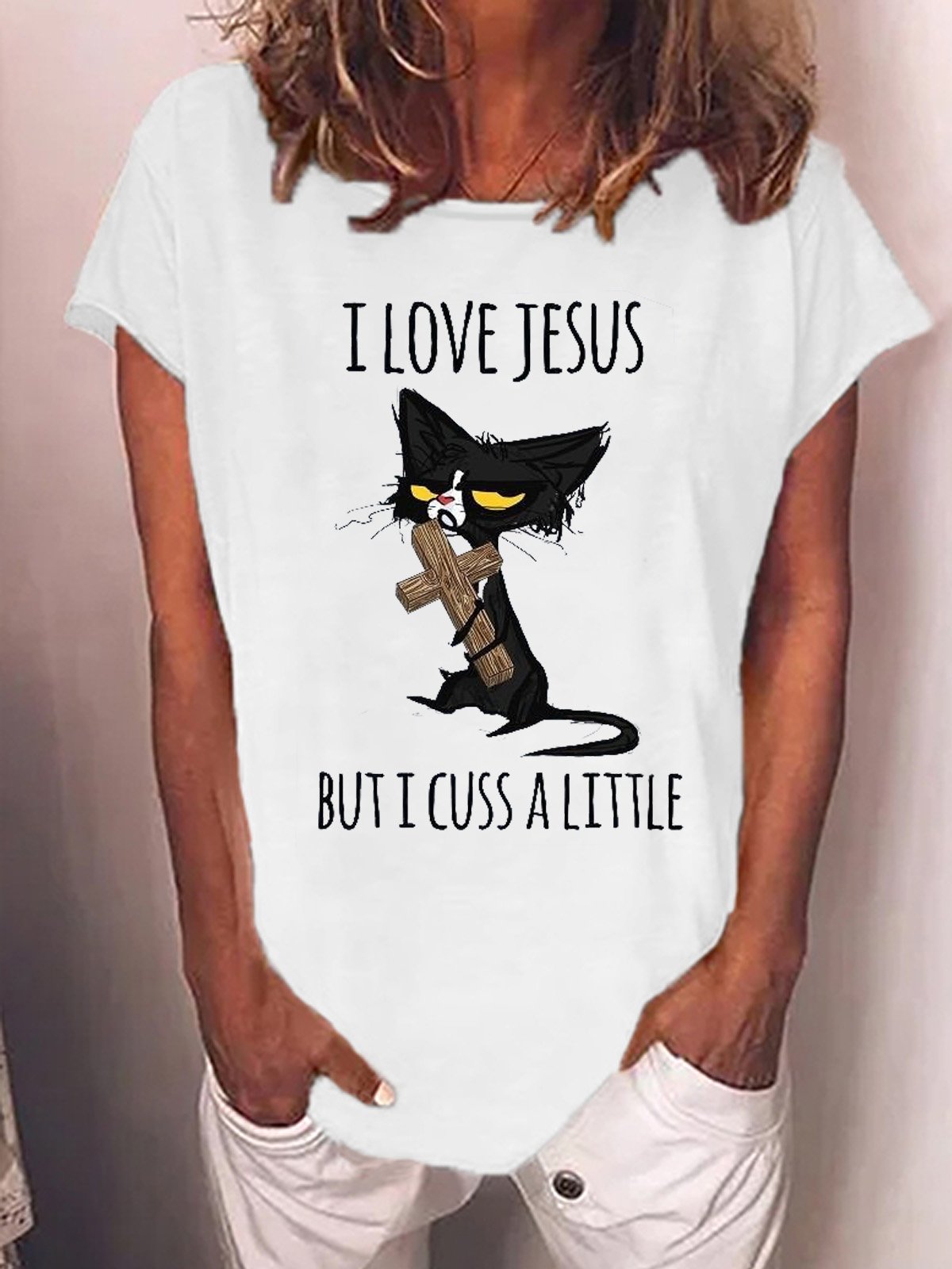 Women Funny Graphic Cat I Love Jesus But I Cuss A Little Crew Neck T-Shirt