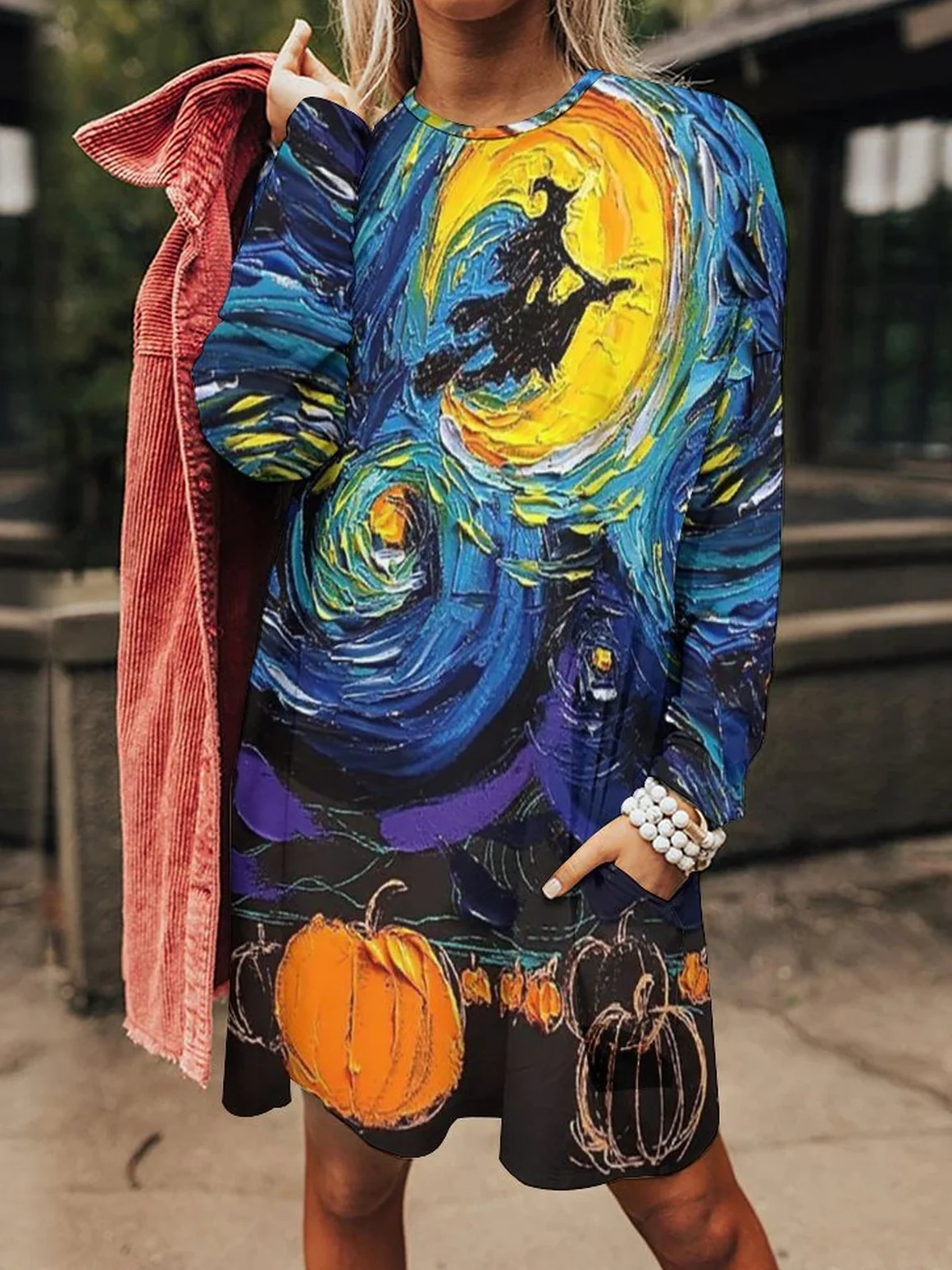 Women Funny Painting Witch Pumpkin Starry Night Casual Halloween Dress