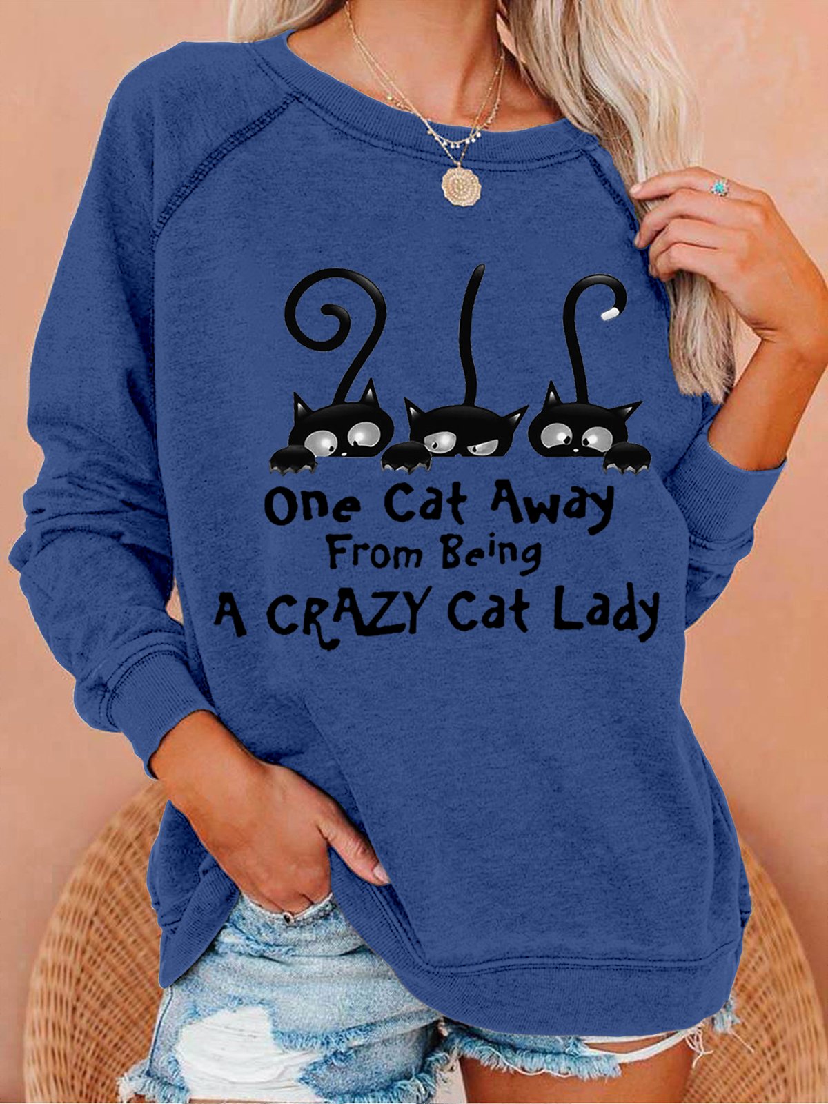 Women Funny One Cat Away From Being A Crazy Cat Lady Print Text Letters Sweatshirt