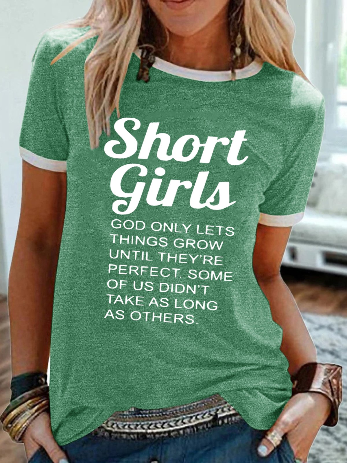 Women's Funny Short Girl Crew Neck Casual T-shirt