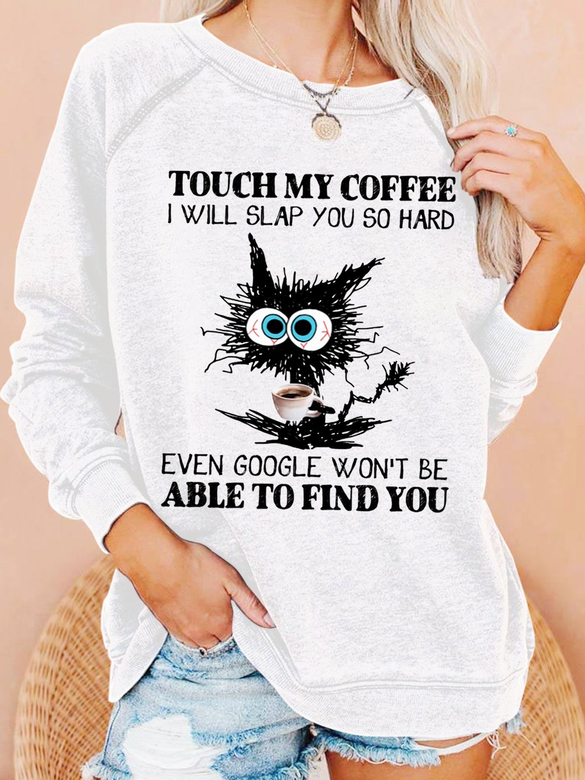 Womens Funny Coffee Crazy Black Cat Crew Neck Sweatshirt